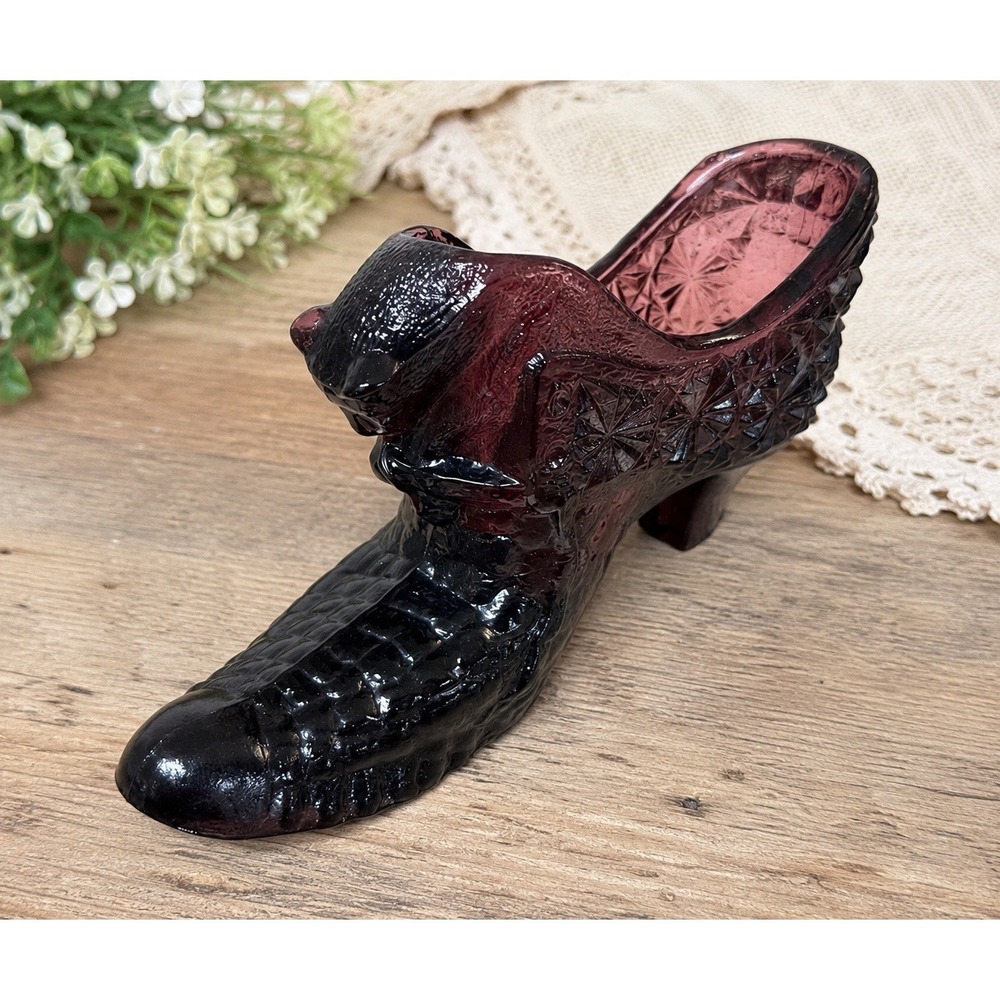 VTG Degenhart Amethyst Purple Glass Cat Head Slipper Shoe Puss In Boots